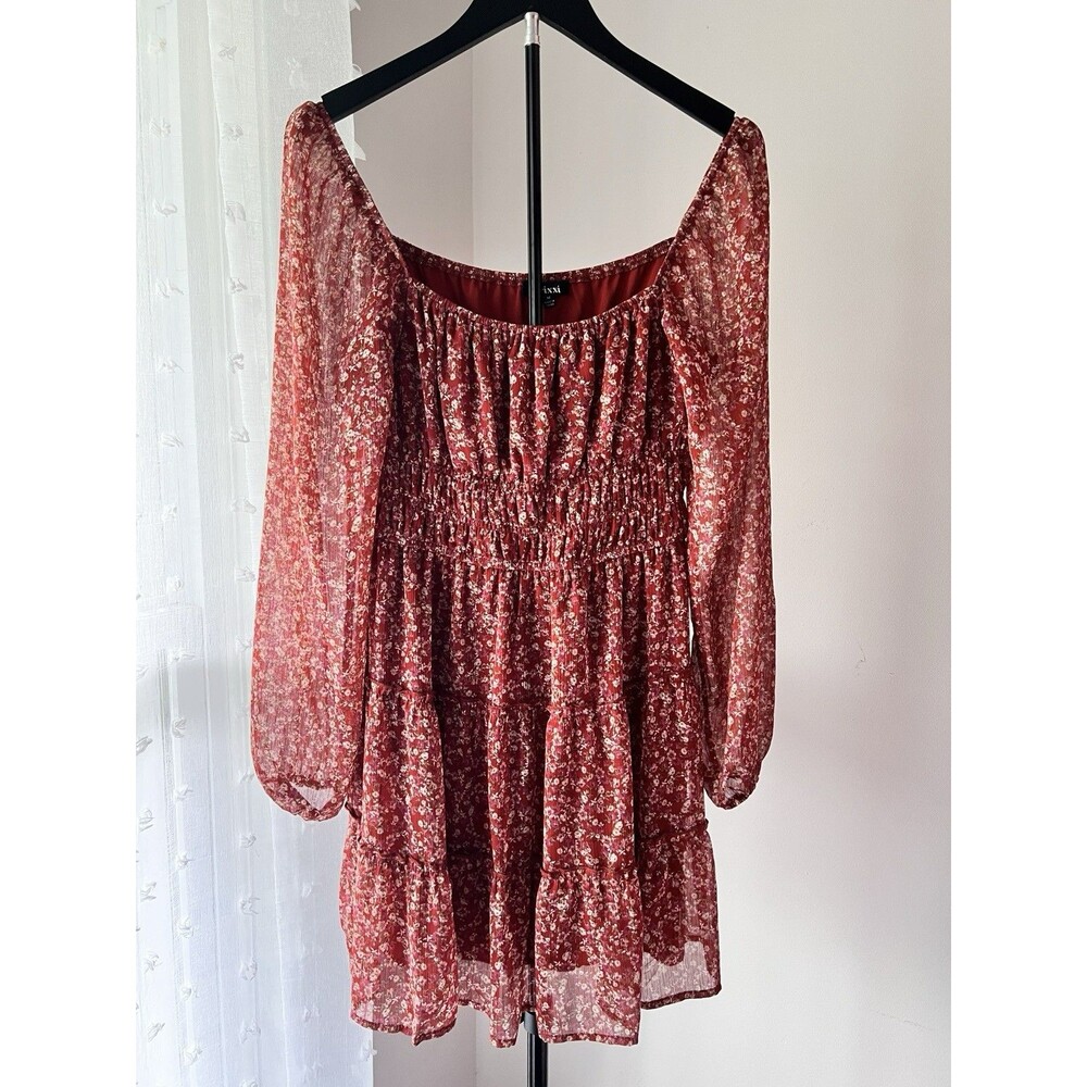 Women’s Trixxi Size M CottageCore Lined Ditsy Floral Rust Orange Smocked Dress ￼